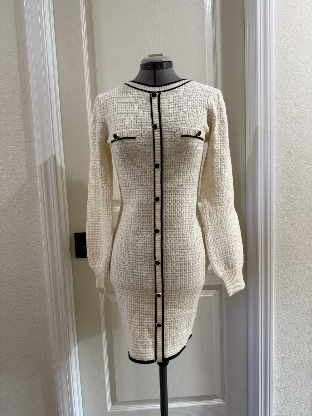 Cream Tweed Button-Up Dress